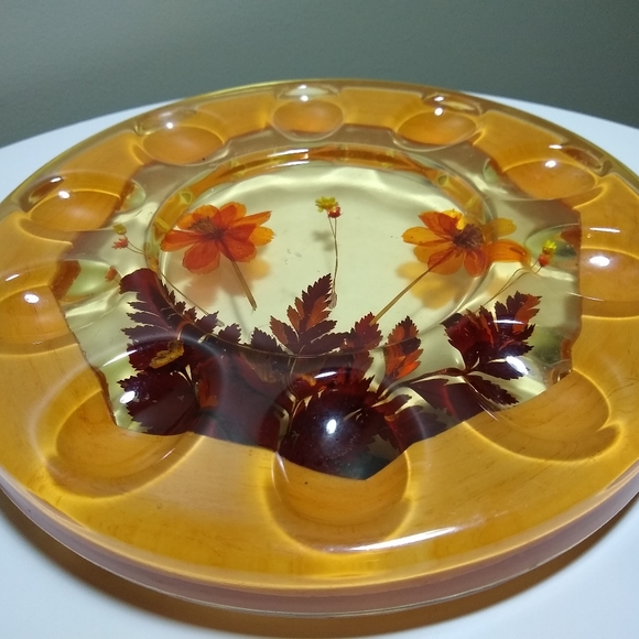 GORGEOUS VTG Acrylic/resin Devill Eggs or Escargot Footed Plate Pressed flowers - Picture 2 of 7